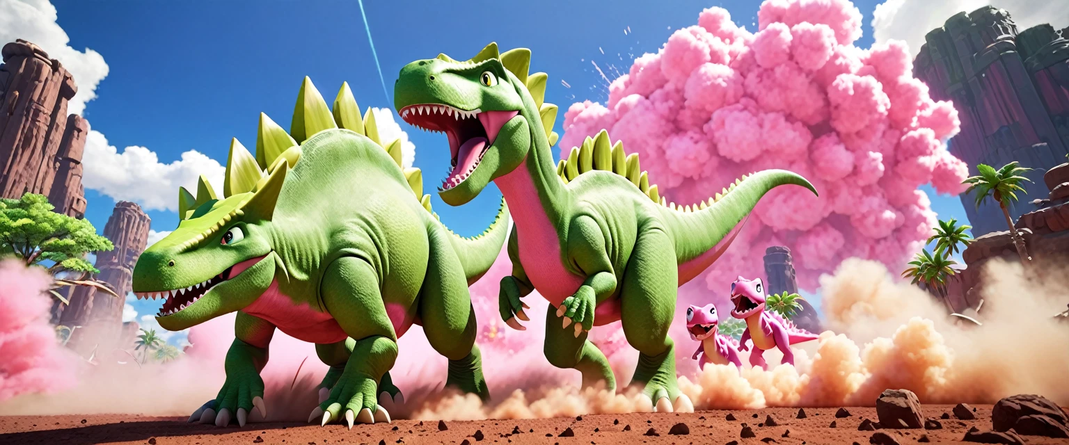 score_9, score_8_up, score_7_up, source_anime, detailed, 8k, cinematic angle, rating safe, wide shot, A pink dinosaur and a green dinosaur are fighting wild,cloud of dust,sonic boom,