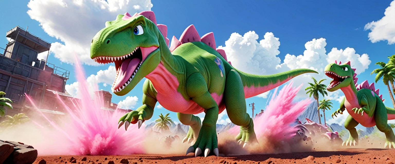 score_9, score_8_up, score_7_up, source_anime, detailed, 8k, cinematic angle, rating safe, wide shot, A pink dinosaur and a green dinosaur are fighting wild,cloud of dust,sonic boom,