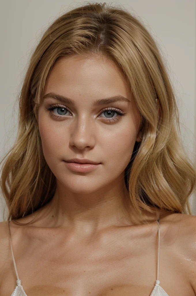 femme de 23 ans blonde mannequin, beaucoup maquillé, visage de face, beau regard et beau bronzage, belle grosse èvre, réaliste