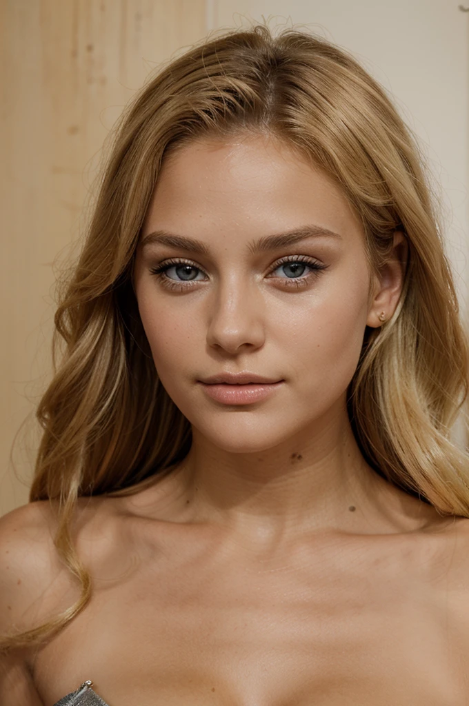 femme de 23 ans blonde mannequin, beaucoup maquillé, visage de face, beau regard et beau bronzage, belle grosse èvre, réaliste