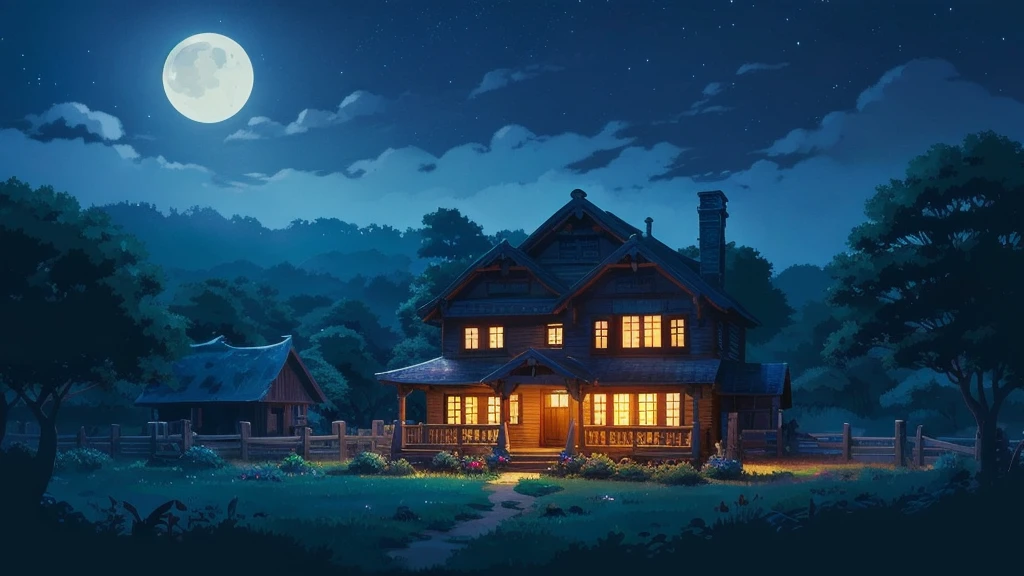 On the side is an old house、night、Moonlight animation images,Ghibli anime style,  Anime countryside landscape, Scenes from animated movies, Ghibli art style,  Ghibli anime movie background,anime nature wallpapers, スタジオGhibli anime style