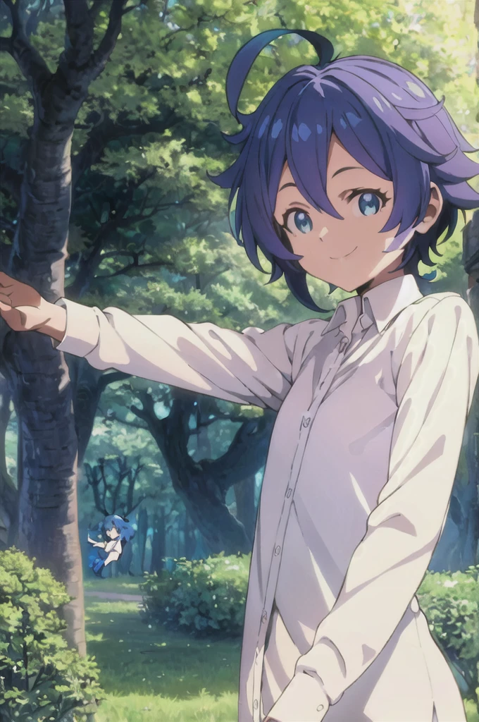 Lapislazuli, neverland, 1girl, solo, upper body, nature, forest, bush, tree, looking at viewer, smiling, short hair, shirt, long sleeves, blue eyes, white shirt, upper body, ahoge, outdoors, collared shirt, blue hair, 