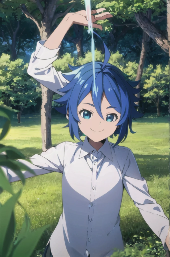 Lapislazuli, neverland, 1girl, solo, upper body, nature, forest, bush, tree, looking at viewer, smiling, short hair, shirt, long sleeves, blue eyes, white shirt, upper body, ahoge, outdoors, collared shirt, blue hair, 