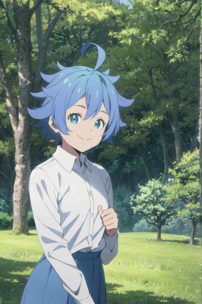 Lapislazuli, neverland, 1girl, solo, upper body, nature, forest, bush, tree, looking at viewer, smiling, short hair, shirt, long sleeves, blue eyes, white shirt, upper body, ahoge, outdoors, collared shirt, blue hair, 