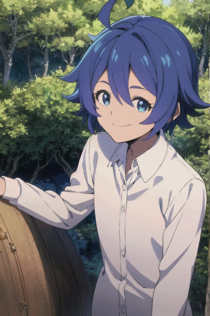 Lapislazuli, neverland, 1girl, solo, upper body, nature, forest, bush, tree, looking at viewer, smiling, short hair, shirt, long sleeves, blue eyes, white shirt, upper body, ahoge, outdoors, collared shirt, blue hair, 