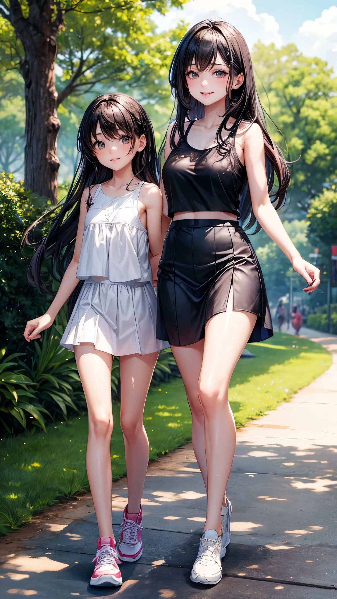 A very beautiful 21-year-old mother and her very cute 10-year-old daughter are having a fun walk in the park、Tank top、mini skirt、Long Hair、Slim body、Beautiful legs、Beautiful body、high resolution、8K、(smile)