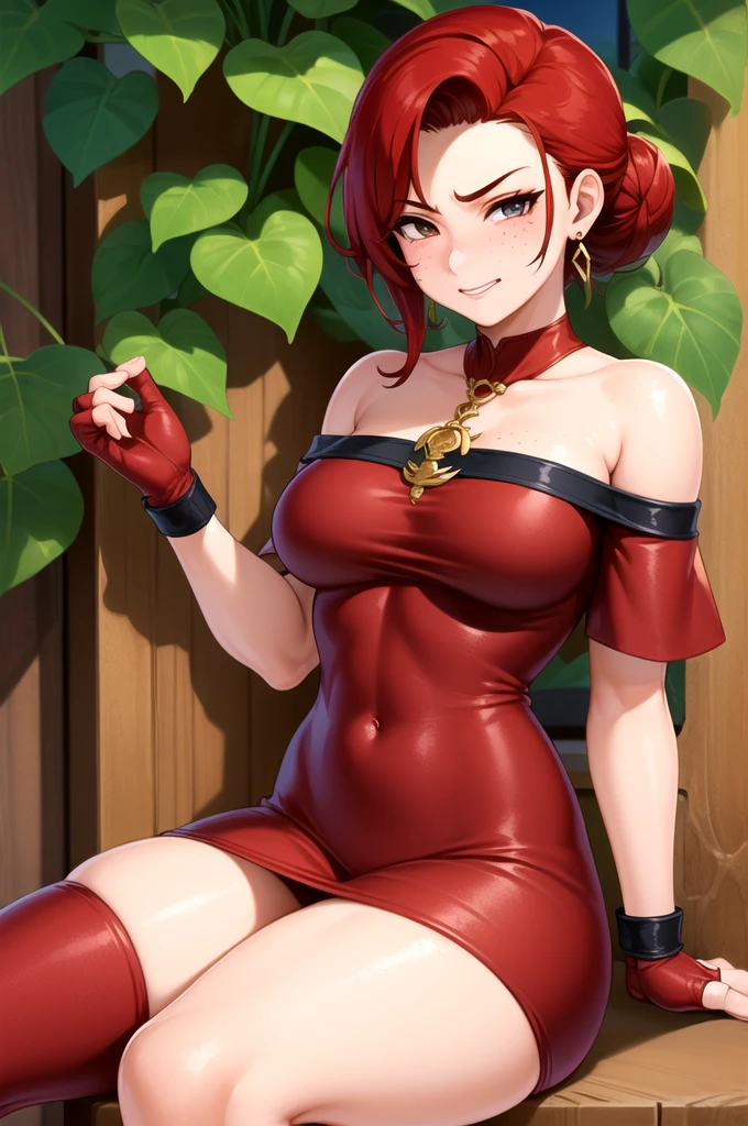 (masterpiece, best quality:1.2), extremely detailed, detailed hair, intricate details, finely detailed, [[soft lighting, volumetric lighting]], 1girl, (solo), looking at viewer, mature female, upper body , hand on hip , sitting , thick thighs, medium breasts , partially fingerless gloves , (leggings), (open clothes, off shoulder, bodycon, dress), (asymmetrical bangs, hair up , hair slicked back ,nihongami, red hair ,two-tone hair), smug , , , cuff earrings , freckles , (A historic, ivy-covered college campus with grand, gothic architecture ), 