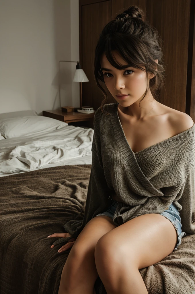 Close-up of a woman called “blue”, somewhat thin but with some love handles , with very thick and big butt, too big breasts, very big hips, sitting sideways with a pillow accentuating her backside , with a thread sweater half torn in the breast and abdomen area and wet panties, with short hair and some Asian features in her facial features