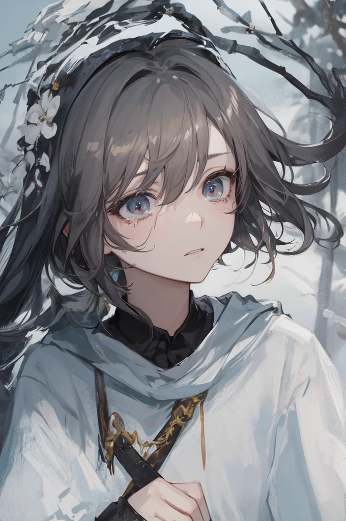 masterpiece:1.2), best quality , 独奏 ,pixiv, anime girl ,long straight white hair , black eyes ,Wearing off-white camouflage uniform ,ten years old,modern battlefield,(Eyes looking into the distance:1.3),(look away:1.5),snowy weather,dirty face,blood on forehead,dirty face,Backlight,Bare rocky peaks ,,The expression is sad,leave tears,When the war situation seems to be developing for the better,,A girl wakes up from her deep sleep,She doesn't understand her own life、Not sure about the power in the body,As pure as white paper。At the same time, another soul is sleeping inside the girl's body.,it was an accident,It is also one of the waves that changes the world。