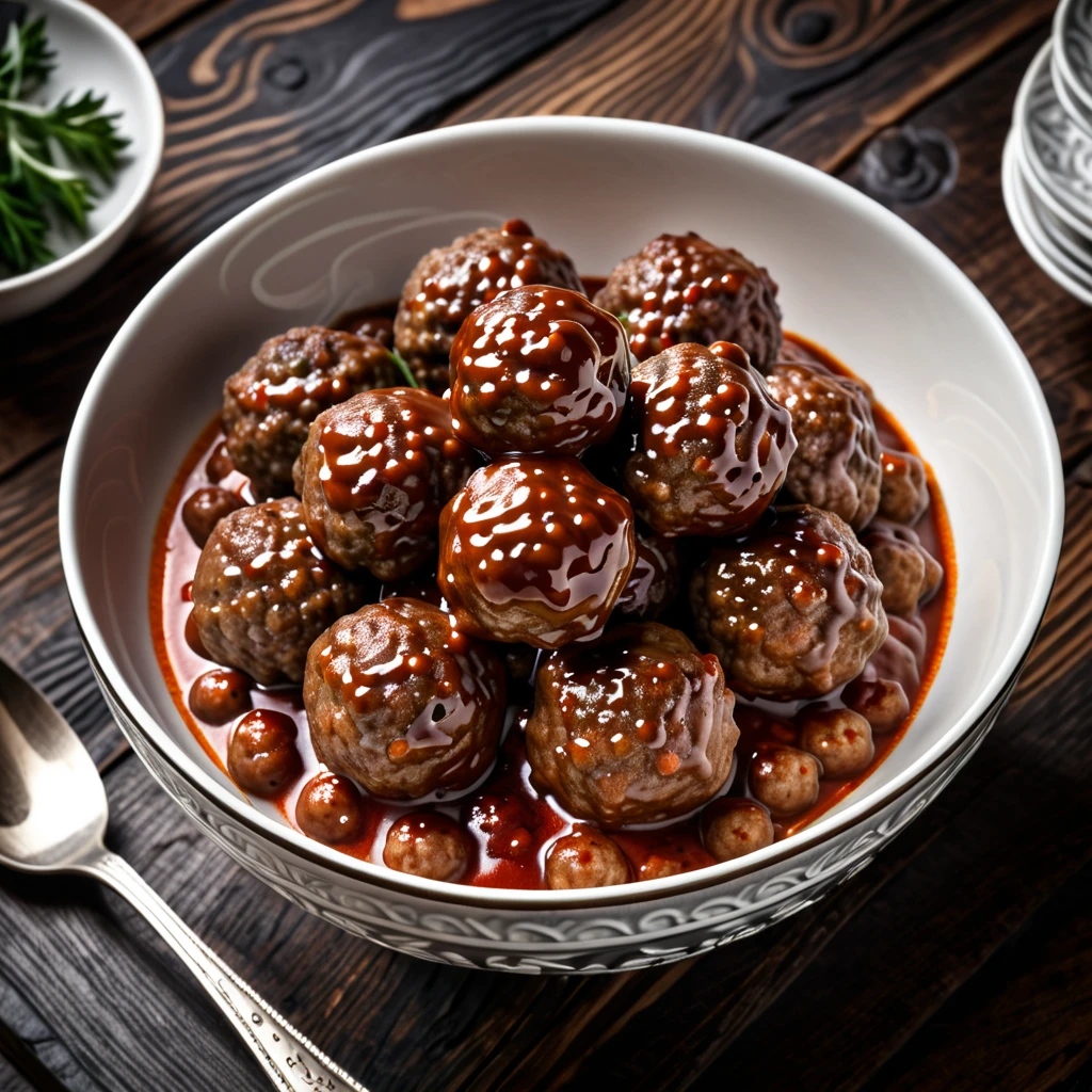 closeup photograph meat balls in a ceramic white bowl on a beautiful wood table, intricate details, hyperdetailed photograph, dark contrast, award winning composition, dark shadows, 8k resolution, food photography