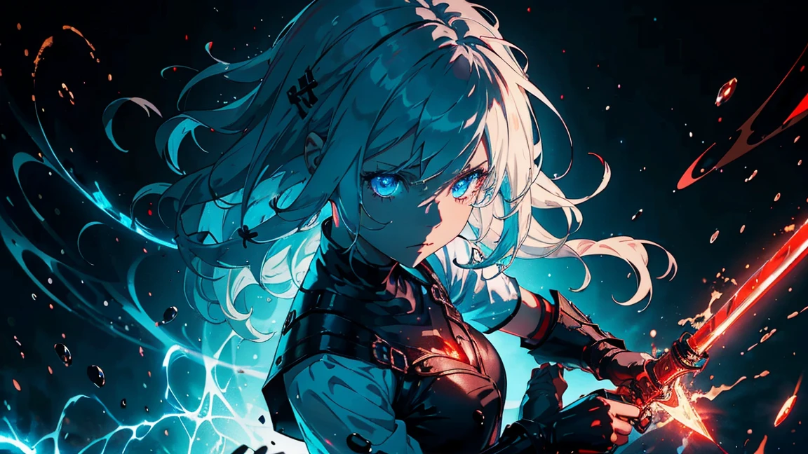 Gril, loli,white hair, blue eyes,Holding a knife, red liquid and red blood, living room background.HD lighting and dark )(epic image quality) dark atmosphere with bright particle light(many effects in background)