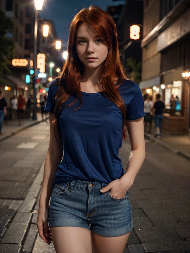 redhead with long hair, walking in the night street in a blue shirt and short jeans , redhead girl, red beauty, beautiful girl, beautiful soft lighting, wonderful soft lighting,