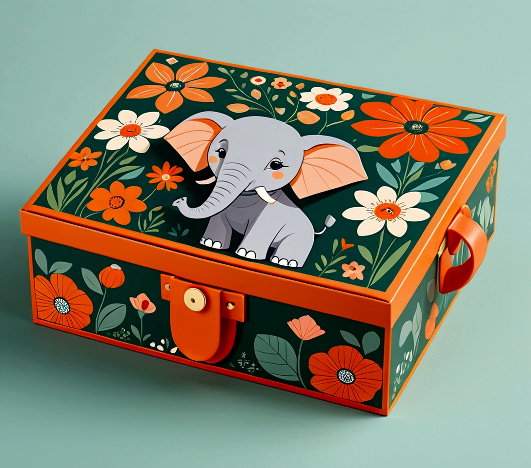 Beautifully designed flat rectangular box with handle, with carrying handle, English squares, flourishing flowers, printing a cute little elephant, geometric lines, minimalist, modern, high end, cute, color blocking, floral motifs, orange and green, illustration, cartoon, geometric style, beautifully detailed, flat color vector design style,...