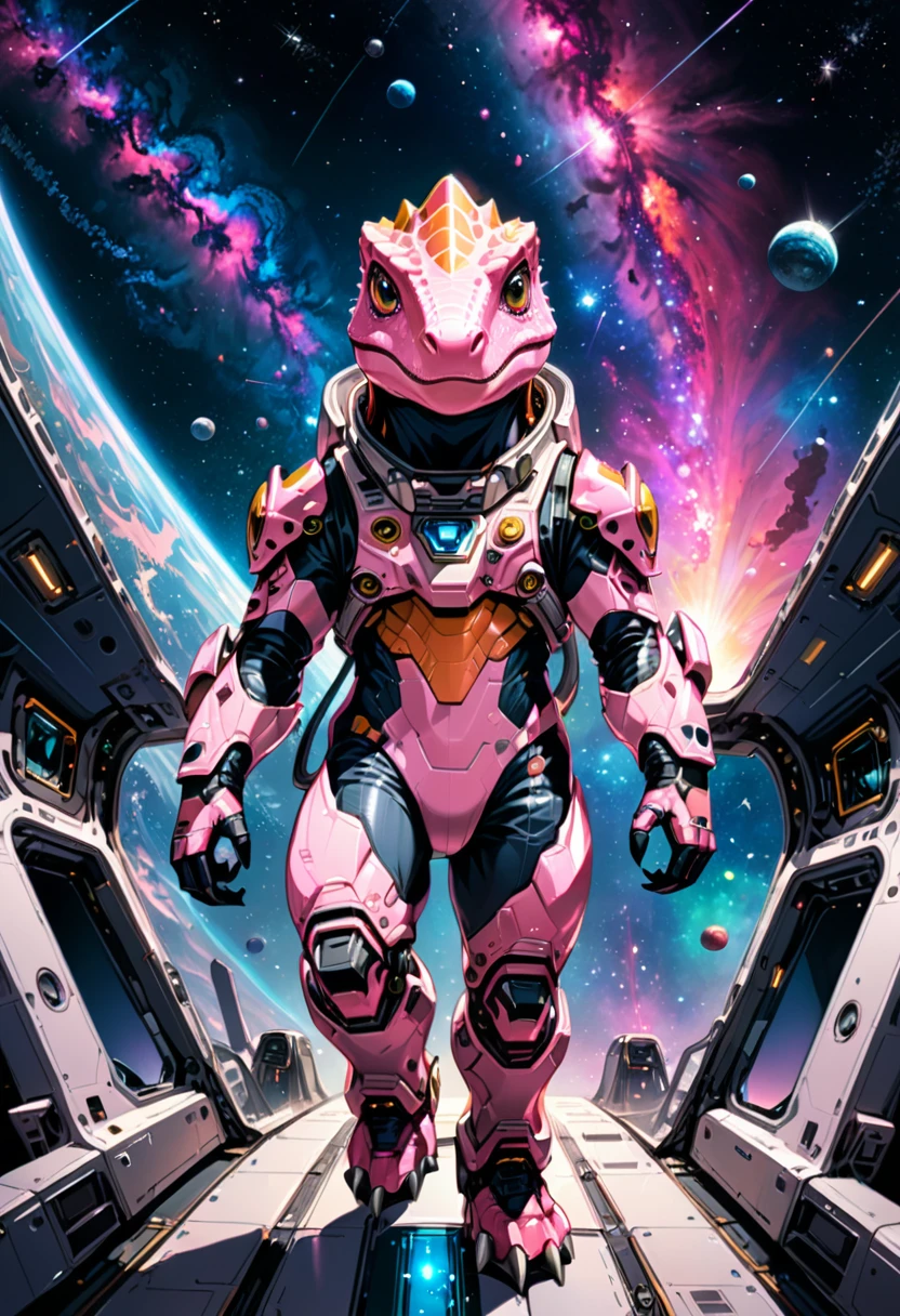 (Pink Dinosaur), the image mainly depicts a pink little dinosaur wearing a space suit, stepping on a small rocket, and curiously looking towards the camera in the background of a brilliant galaxy, as if just completing an interstellar crossing. The background is a brilliant galaxy, (Photography), award-winning, cinematic still, emotional, vignette, dynamic, vivid, (masterpiece, best quality, Professional, perfect composition, very aesthetic, absurdres, ultra-detailed, intricate details:1.3)