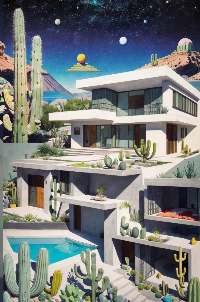 An illustration, collage style, David Hockney visual style, (((Luis Barragán's architectural style houses in middle of a lake))), big boulders, little cascade, mountains, volcanos, volcanic landscape, pool, stairs, beautiful gardens, abundant vegetation, cacti, agave, big clouds, sunset. Magazine cover, serif tipography, editorial design, masterpiece, An illustration in collage style, con rocas gigantes, Brutalist construction sections, escaleras, cactus, agave, textura de concreto, Multiple geometric shapes, hatch and cross hatching, planeta Saturno. ((masterpiece, best quality)),illustration,ultra detailed 8k. (((An illustration of a build designed by Luis Barragán))), with a desertic vegetation garden, (big rocks), ((cacti)), lake, volcano in horizon, smooth clouds, (((illustration collage format))), ((Escher's art style)), (((multiple sections))), (violet, blue, olive green, grey, black and white), hard shadows, (((geometric sculptures))), concrete sculptures, high contrast, dramatic, cinematographic, ((milky way galaxy)), intricate, intricate details, sharp focus,landscape