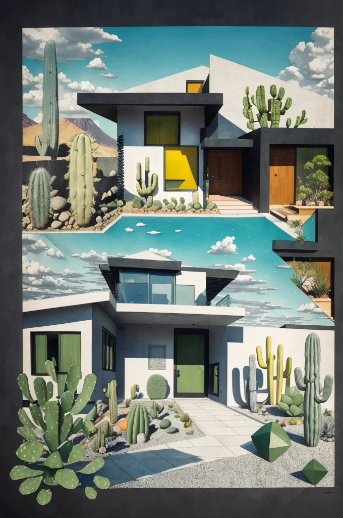 An illustration, collage style, David Hockney visual style, (((Luis Barragán's architectural style houses in middle of a lake))), big boulders, little cascade, mountains, volcanos, volcanic landscape, pool, stairs, beautiful gardens, abundant vegetation, cacti, agave, big clouds, sunset. Magazine cover, serif tipography, editorial design, masterpiece, An illustration in collage style, con rocas gigantes, Brutalist construction sections, escaleras, cactus, agave, textura de concreto, Multiple geometric shapes, hatch and cross hatching, planeta Saturno. ((masterpiece, best quality)),illustration,ultra detailed 8k. (((An illustration of a build designed by Luis Barragán))), with a desertic vegetation garden, (big rocks), ((cacti)), lake, volcano in horizon, smooth clouds, (((illustration collage format))), ((Escher's art style)), (((multiple sections))), (violet, blue, olive green, grey, black and white), hard shadows, (((geometric sculptures))), concrete sculptures, high contrast, dramatic, cinematographic, ((milky way galaxy)), intricate, intricate details, sharp focus,landscape