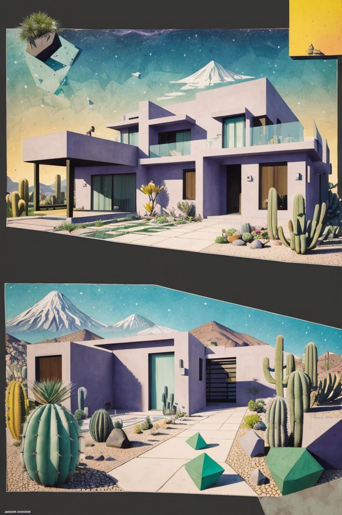 An illustration, collage style, David Hockney visual style, (((Luis Barragán's architectural style houses in middle of a lake))), big boulders, little cascade, mountains, volcanos, volcanic landscape, pool, stairs, beautiful gardens, abundant vegetation, cacti, agave, big clouds, sunset. Magazine cover, serif tipography, editorial design, masterpiece, An illustration in collage style, con rocas gigantes, Brutalist construction sections, escaleras, cactus, agave, textura de concreto, Multiple geometric shapes, hatch and cross hatching, planeta Saturno. ((masterpiece, best quality)),illustration,ultra detailed 8k. (((An illustration of a build designed by Luis Barragán))), with a desertic vegetation garden, (big rocks), ((cacti)), lake, volcano in horizon, smooth clouds, (((illustration collage format))), ((Escher's art style)), (((multiple sections))), (violet, blue, olive green, grey, black and white), hard shadows, (((geometric sculptures))), concrete sculptures, high contrast, dramatic, cinematographic, ((milky way galaxy)), intricate, intricate details, sharp focus,landscape