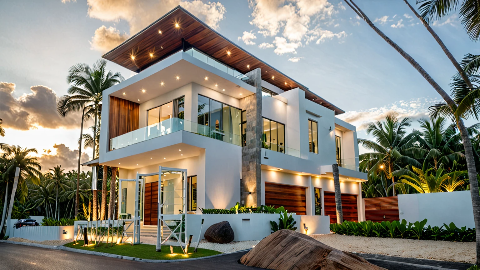 exterior house, contemporary style, white wall, wood wall, steel door, glass window, (realistic:1.2), Masterpiece, high quality, best quality, authentic, super detail, outdoors,road, trees, sky, cloud, (daylight:1.1), modern luxury villa, coconut trees, landscape, along the white beach, clear sky, day time, warm lighting RAW Photo, RAW texture, Super Realistic, 32K UHD, DSLR, soft lighting, high quality, film rating, Fujifilm XT3,Modern, Residential Architecture,  car in front of house