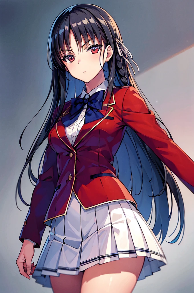 (masterpiece, best quality:1.4), (ultra detailed:1.4), super fine illustration, perfect anatomy, 
1girl,
Suzune Horikita, 
Suzune Horikita \(youjitsu\),
long hair, braid, 
black hair, 
red eyes, slant eyes, small eyes, 
blue bow, 
medium breasts, 
red jacket, long sleeves, white skirt, pleated skirt, black thigh-high socks, 
looking at viewer, 
cowboy shot, 
perfect light, background of indoors, 
