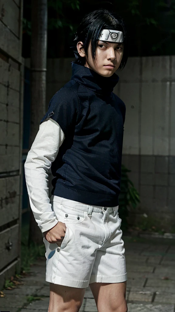 young boy, , black hair, dark blue high-neck loose clothing, white shorts; like sasuke from naruto https://animecomics.com.br/animecomics/images/upload/409.jpg