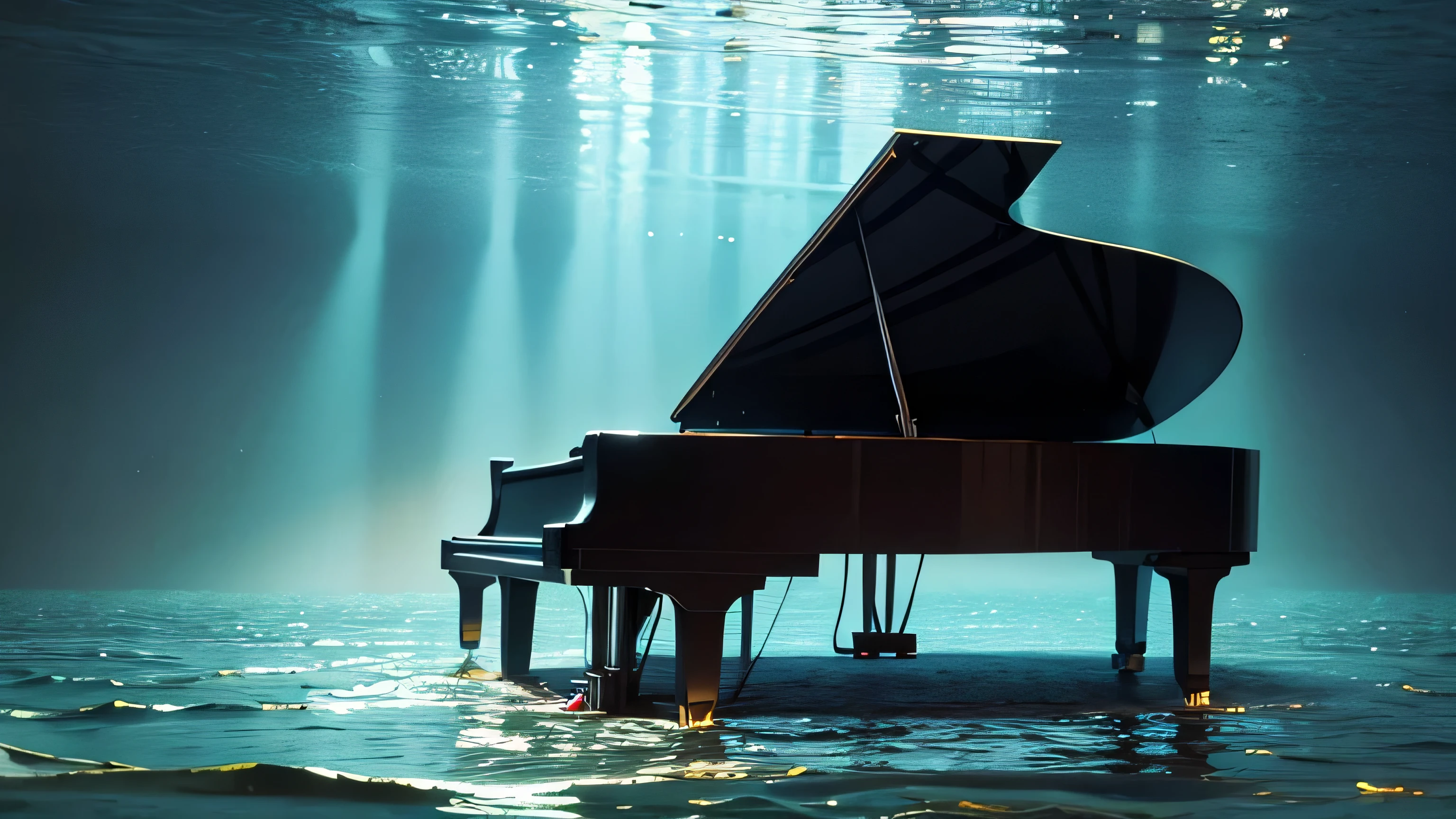 Please depict a piano floating on the beautiful bottom of the water.