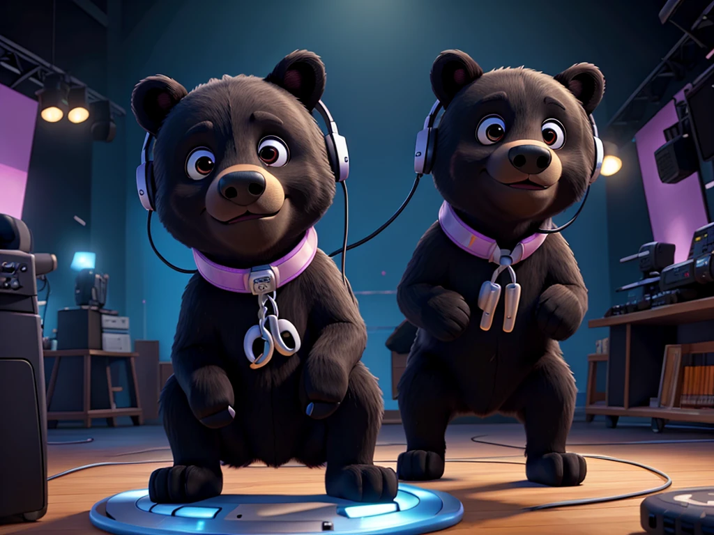 A black bear with headphones playing on a DJ table