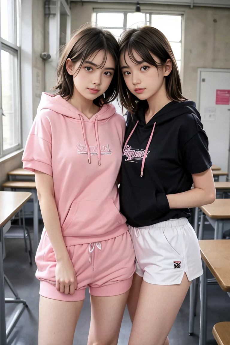 deux femmes ensemble de 18 ans sexy et mince , pink short sleeve hoodie , salle de classe, se touche,position sey,sensuel