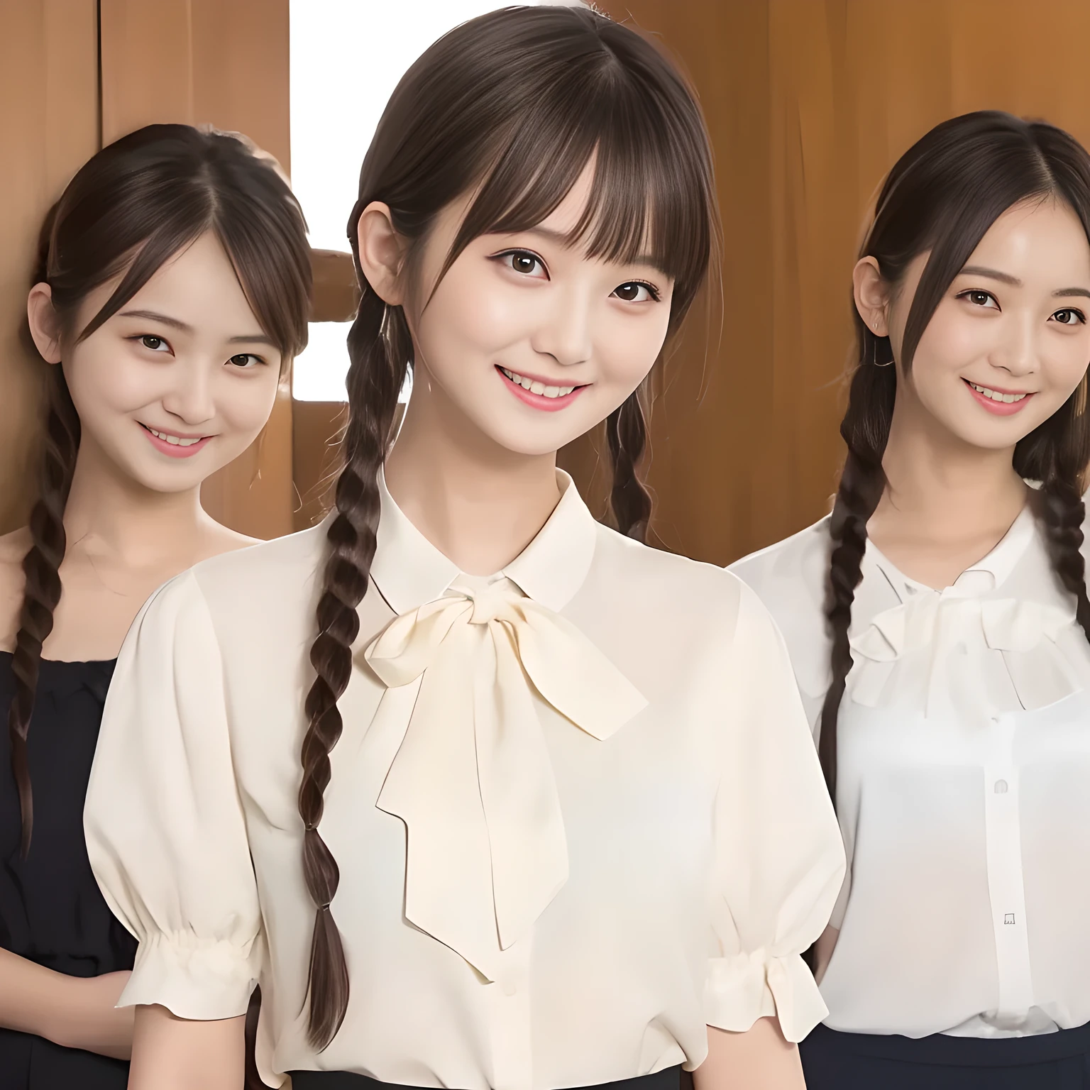 (highest quality, masterpiece:1.2), highest quality, High resolution, 1080P, 8K, Height: 158cm, ((A very intelligent, very noble, pretty and neat Japanese beautiful girl fashion model. Looking at the audience. Realistic fashion model)), ((((White face with plump cheeks)))), Glossy lips, (Evenly cut bangs), ((Very beautiful dark eyes)), The very large, shiny, wide red ribbon bow-tie on her chest is very cute., ((Black Hair)), ((long twin braids)), (((Cream colored blouse))), A neat uniform, Very lustrous, glossy lips, Open hand over open mouth, Beautiful hair like a hair model, Cream colored long skirt, Watching the viewer and laughing, ((Incredibly well organized, The expression is rich. plump and beautiful skin and face)), ((Pure and clear eyes)), Long eyelashes, ((laughing at me!))
