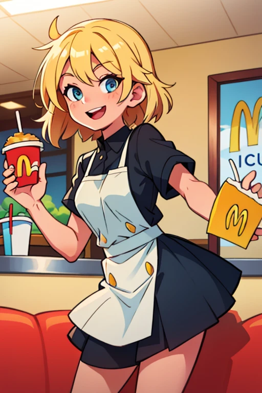 1 girl working at McDonalds, tanyadegurechaff, Blue eyes, (blond hair), (spiky hair), standing, looking at the viewer, straight, crazy eyes, Crazy smile, McDonalds black uniform, McDonald&#39;s hat&#39, headphones, (Alone:1.1),