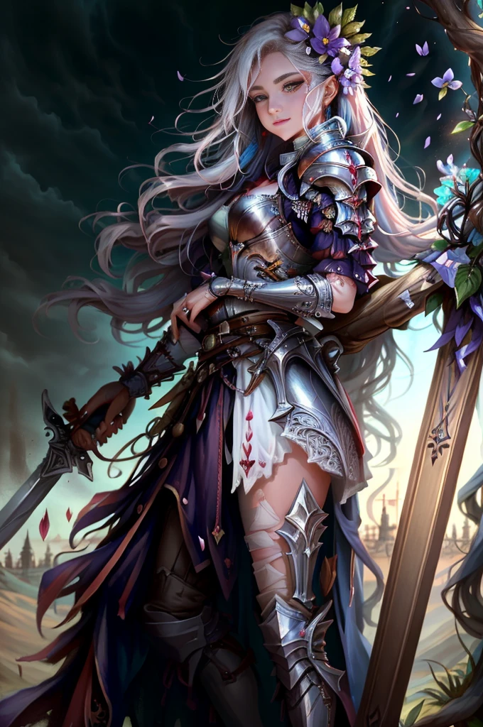 (bellewaifu:1), (armure de chevalier:0.3), the jardin in the background, surpris, mignon, mignon pose, (flirt), regarder le spectateur, (Coiffure carrée), (cheveux violets), (armure de chevalier with exposed areas of the body:1.5), :d, (réaliste: 1), (dessin animé), (chef-d'œuvre: 1.2), (meilleure qualité), (trop détaillé), (8k, 4K, complexe), (plan en pied: 1), Particules légères, éclairage, (Très détaillé: 1.2), (visage détaillé: 1), (dégradés), SFW, coloré, (Yeux détaillés: 1.2), (paysage détaillé, des arbres, jardin, château:1.2),(contexte détaillé), paysage détaillé, (angle dynamique:1.2), (pose dynamique:1.2), (Règle troisième_Composition:1.3), (Ligne d'action:1.2), Grand angle de vue, lumière du jour, seulement

