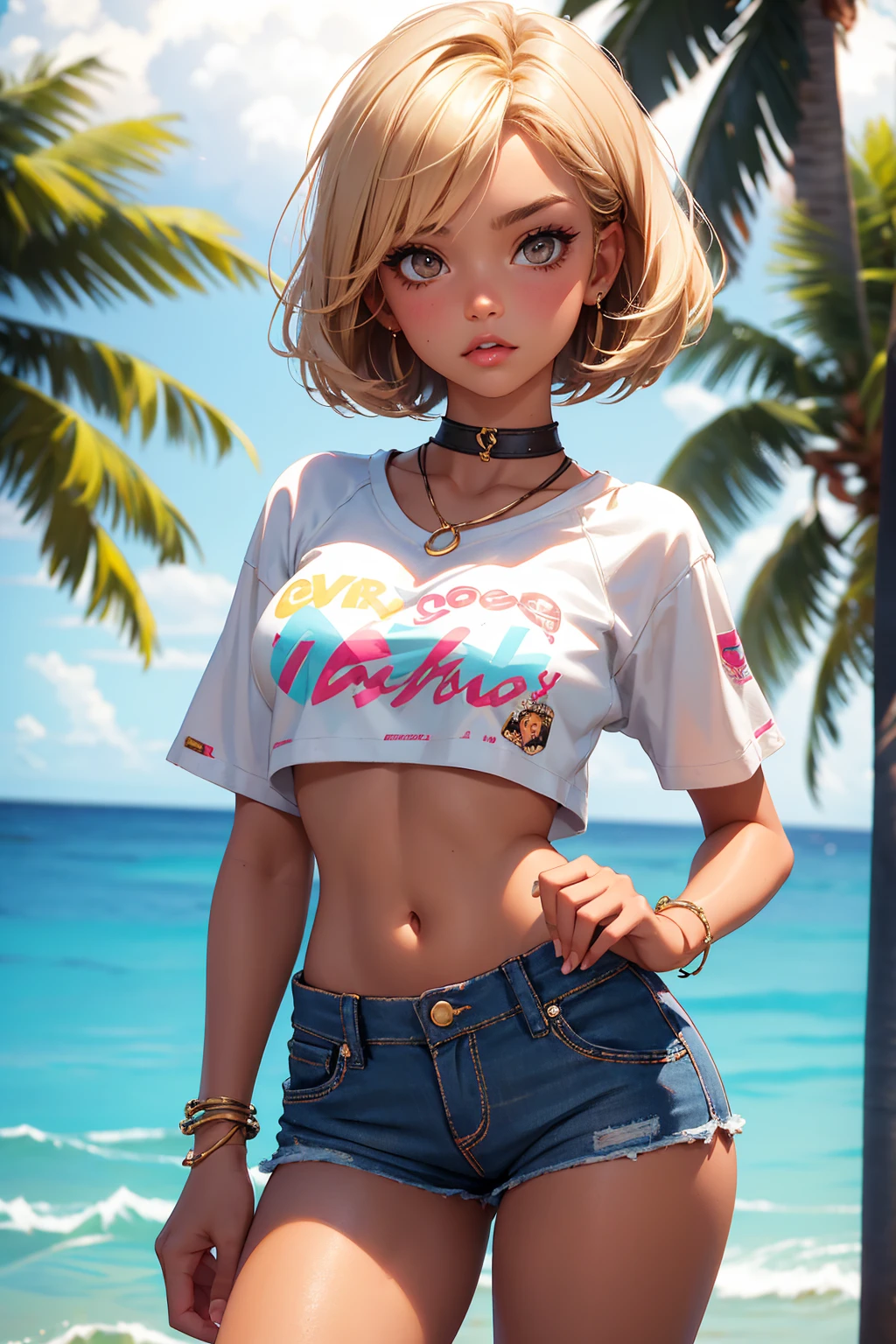 Teenage girl-model 18 years old, beautiful, tanned, blonde, bob hair, bangs, brown eyes, beautiful figure, girl wearing crop shirt and too short mini shorts, beautiful long legs, slave bracelets, slave choker, manicure, cute makeup, sweaty clothes, flirtatiously posing, hot summer, hot flirty, sexy posing, summer outfit, top quality, higest quality, pin-up style, retro 80s style, Daisy Dukes style, Miami vibes,