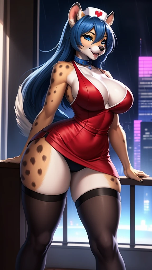 ((((sfw)))), I loaded the e621, beautiful and detailed,Woman (((female))) ((anthropo)) hyena, ross tran, por Ruan Jia, by zaush, por foxovh, cinematic lighting, seducer, hyena, thicc thighs, (giant chest), full body view, (anthropo, cute fur, character focus:1.1), 1 girl, anthropo dog girl, body skin, standing alone, Giant tits, (thicc thighs grossas:0.3), curved, non-giant spotlight , big fit ass ass sensuous ass sensuous invitation, (heart-shaped pupils), sensuous, seducer, fall in love girl, great, cute, naughty face, room, big fit ass aureola sahow , show , black hair with blue highlights. night looking at the rain . high school girl, semi-buttoned uniform niform, with his shirt soaked from front show giant (for very little_visible_boba) big fit ass_, visibile saliva offering the breasts and sex partial badass clothing (She is standing) ((She is showing her sensuality) ( blue collar.) hottest hot 1st position for sensuous blue eyes confortable naughy face anime-style cartoon-style squirrel ears with blue hair and wearing nurse tight dress , digital drawing and colorful city in the background, sexual expression.)mini-skirt (sabias_badass clothing) garter belt pantyhose