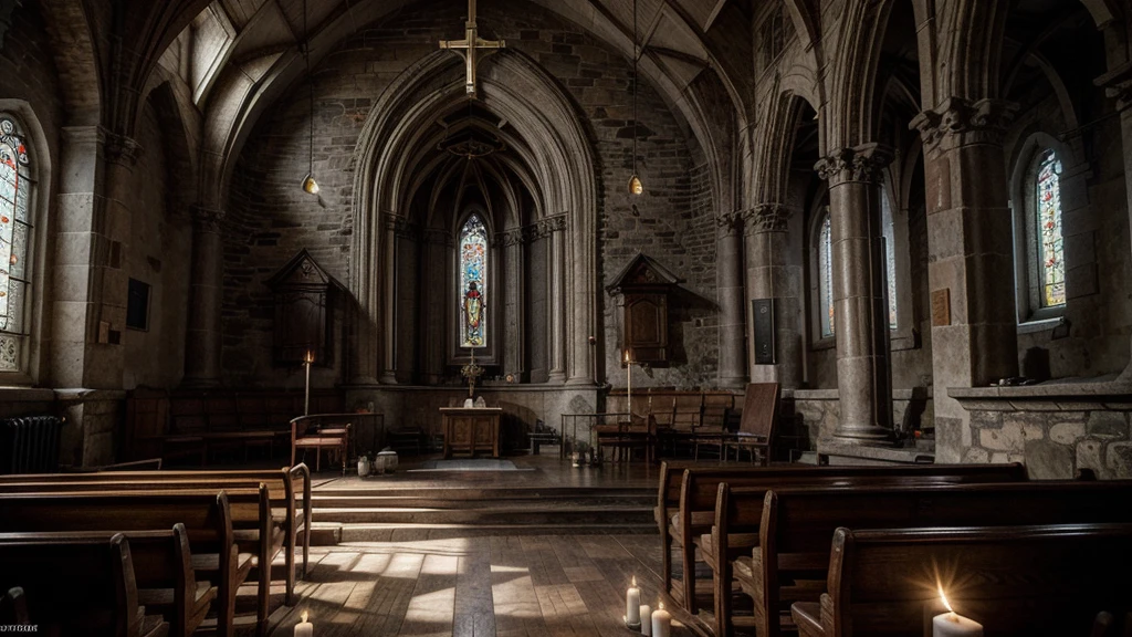 a small 1920s chapel interior, wooden pews, ornate altar, candles lit, religious icons, basic architecture, low ceilings, detailed stone walls, gray stone, warm lighting, photorealistic,8k,masterpiece,cinematic lighting,dramatic atmosphere