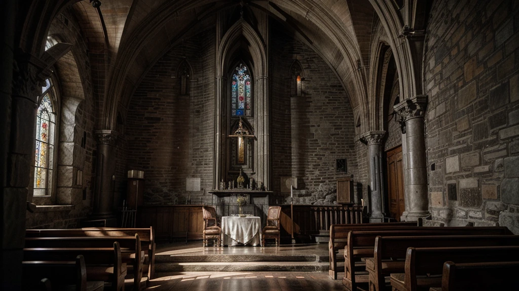 a small 1920s chapel interior, wooden pews, ornate altar, candles lit, religious icons, basic architecture, low ceilings, detailed stone walls, gray stone, warm lighting, photorealistic,8k,masterpiece,cinematic lighting,dramatic atmosphere