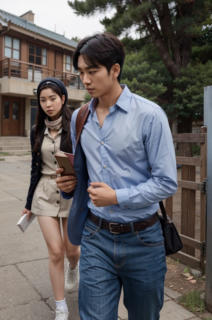 Korean comic style, a handsome man in high school clothes with the buttons on his chest unbuttoned looking away from the gate. And a girl wearing a high wearing a hijab carrying books and walking far away with her back to the boys