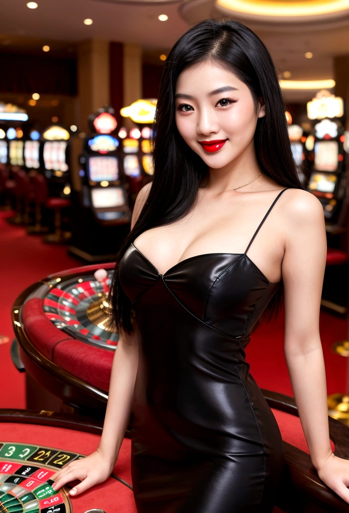 Casino girl, Asian, white skin and Asian features, beautiful girl, black strict dress, black hair,  red lips, smile, beautiful, luxury, full body, realistic photo, shy