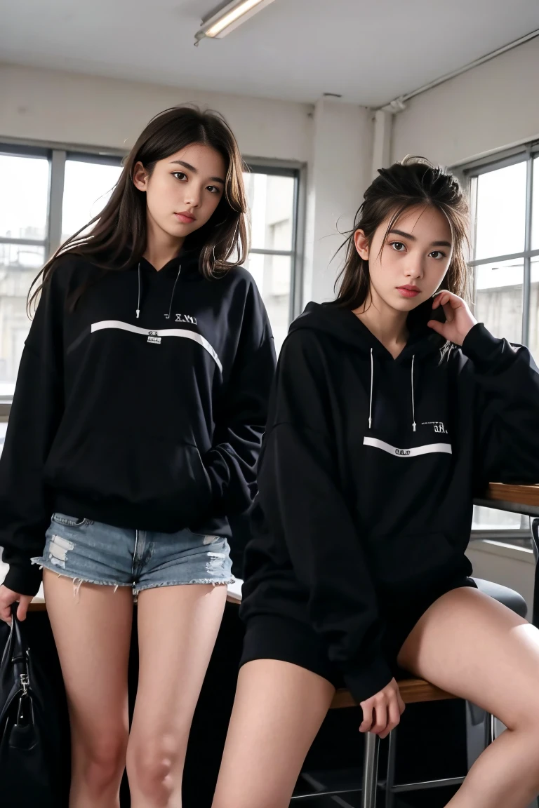 deux femmes ensemble de 18 ans sexy et mince , black short sleeve hoodie , salle de classe, se touche,position sey,sensuel