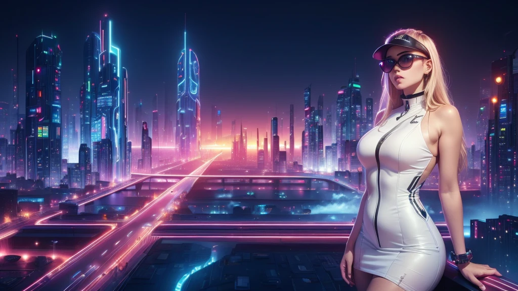 a GIRL with black sunglasses, a balcony of a futuristic building, aerial view of an ultra-futuristic megalopolis, many metal buildings and houses in dark colors from dark blue to black, a cidade tem tons de cinza metal, has smoky metal structures , industrial environment with smoke and fog around, carros escuros nas ruas, desert megalopolis, trilhos e trens modernos de de metal passando estre as ruas da cidade, tall futuristic metal buildings, many ultra modern buildings around, realistic, detailed, Science fiction