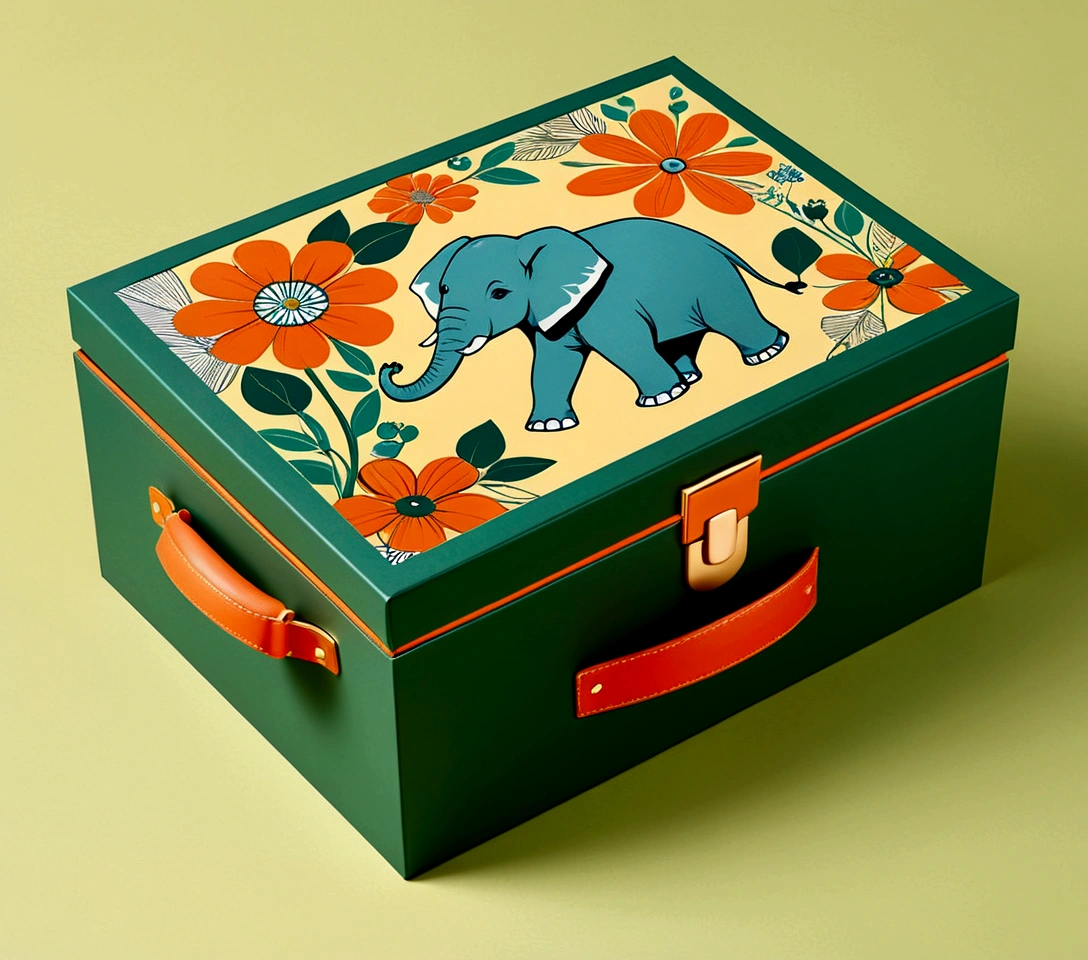 Beautifully designed flat rectangular box with handles, with  carrying handle, English squares, flourishing flowers, printing a cute little elephant, geometric lines, minimalist, modern, high end, cute, color blocking, floral motifs, orange and green, illustration, cartoon, geometric style, beautifully detailed, flat color vector design style