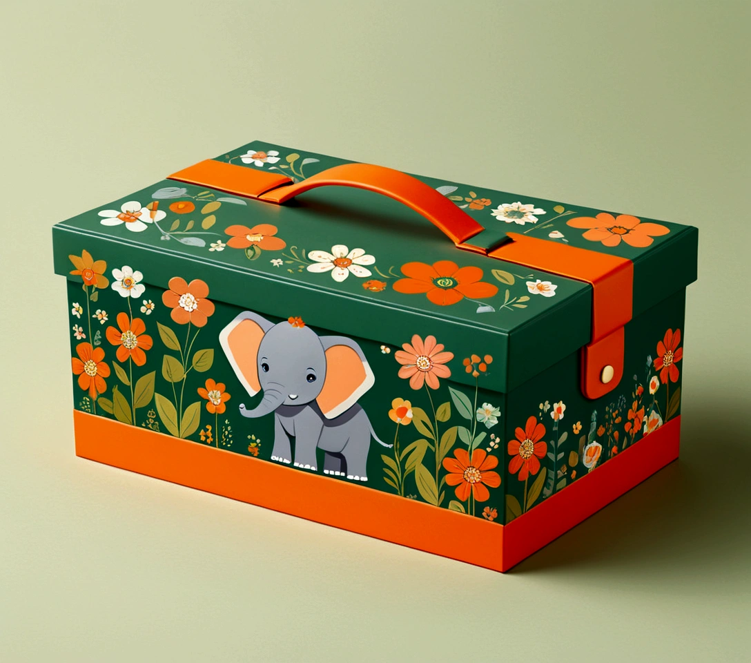 Beautifully designed flat rectangular box with handles, with  carrying handle, English squares, flourishing flowers, printing a cute little elephant, geometric lines, minimalist, modern, high end, cute, color blocking, floral motifs, orange and green, illustration, cartoon, geometric style, beautifully detailed, flat color vector design style