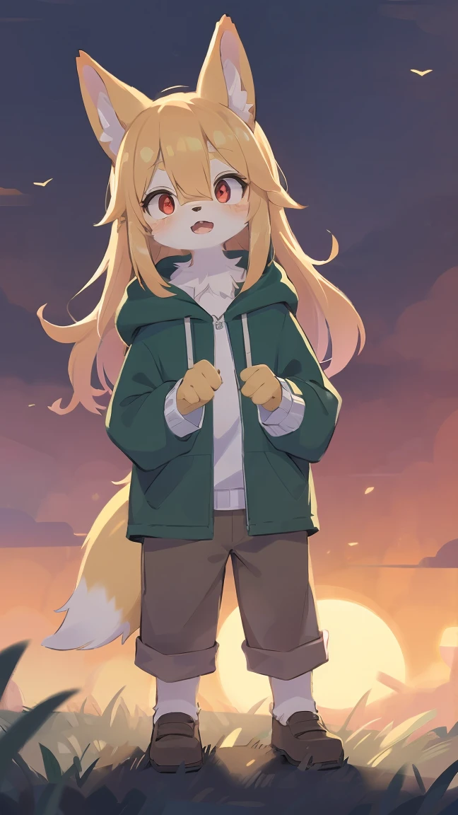 shota the fox, , was hairy, shaggy, skin fur, smooth lashes, golden fur, forelimb hands, straight long blonde hair, solid circle eyes, golden ears, golden fur, golden facial fur, shiny hair, red eyes, super cute face, 1fox tail, fluffy tail, furry tail, glowing eyes, green coat green hood down, brown trousers, standing, open mouth, ambient light, ultra-fine fur, dashed eyes, full body, masterpiece, high quality, high-details, best quality, wide short, (((solo))), twilight, sun light, red sky, rim light