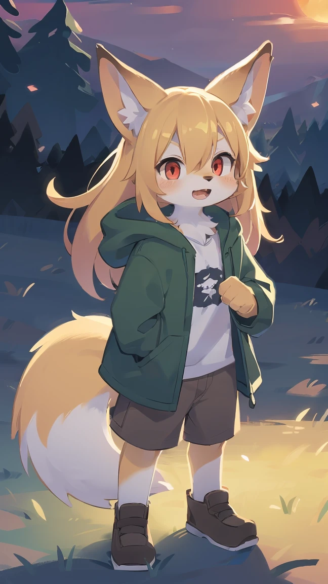shota the fox, , was hairy, shaggy, skin fur, smooth lashes, golden fur, forelimb hands, straight long blonde hair, solid circle eyes, golden ears, golden fur, golden facial fur, shiny hair, red eyes, super cute face, 1fox tail, fluffy tail, furry tail, glowing eyes, green coat green hood down, brown trousers, standing, open mouth, ambient light, ultra-fine fur, dashed eyes, full body, masterpiece, high quality, high-details, best quality, wide short, (((solo))), twilight, sun light, red sky, rim light
