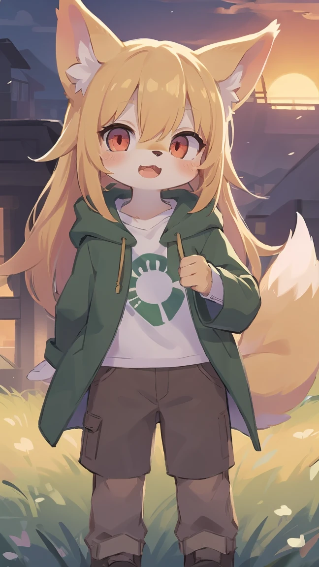 shota the fox, , was hairy, shaggy, skin fur, smooth lashes, golden fur, forelimb hands, straight long blonde hair, solid circle eyes, golden ears, golden fur, golden facial fur, shiny hair, red eyes, super cute face, 1fox tail, fluffy tail, furry tail, glowing eyes, green coat green hood down, brown trousers, standing, open mouth, ambient light, ultra-fine fur, dashed eyes, full body, masterpiece, high quality, high-details, best quality, wide short, (((solo))), twilight, sun light, red sky, rim light
