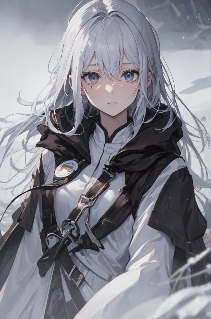 masterpiece:1.2), best quality , 独奏 ,pixiv, anime girl ，long straight white hair , black eyes ,Wearing off-white camouflage uniform ,ten years old，modern battlefield，(Eyes looking into the distance:1.3)，(look away:1.5)，snowy weather，dirty face，blood on forehead，dirty face，Backlight，Bare rocky peaks ,，The expression is sad，leave tears，When the war situation seems to be developing for the better,，A girl wakes up from her deep sleep，She doesn&#39;t understand her own life、Not sure about the power in the body，As pure as white paper。At the same time, another soul is sleeping inside the girl&#39;s body.，it was an accident，It is also one of the waves that changes the world。