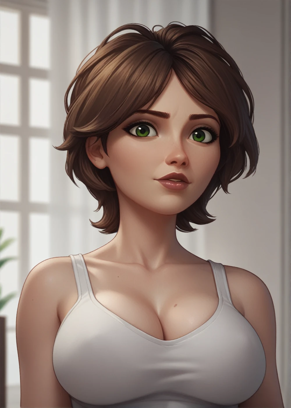 ,portrait, upper body, Cass, brown hair, alone, short hair, looking at viewer, big breasts, green eyes, Lips, score_9, score_8_up, score_7_up, score_6_up,