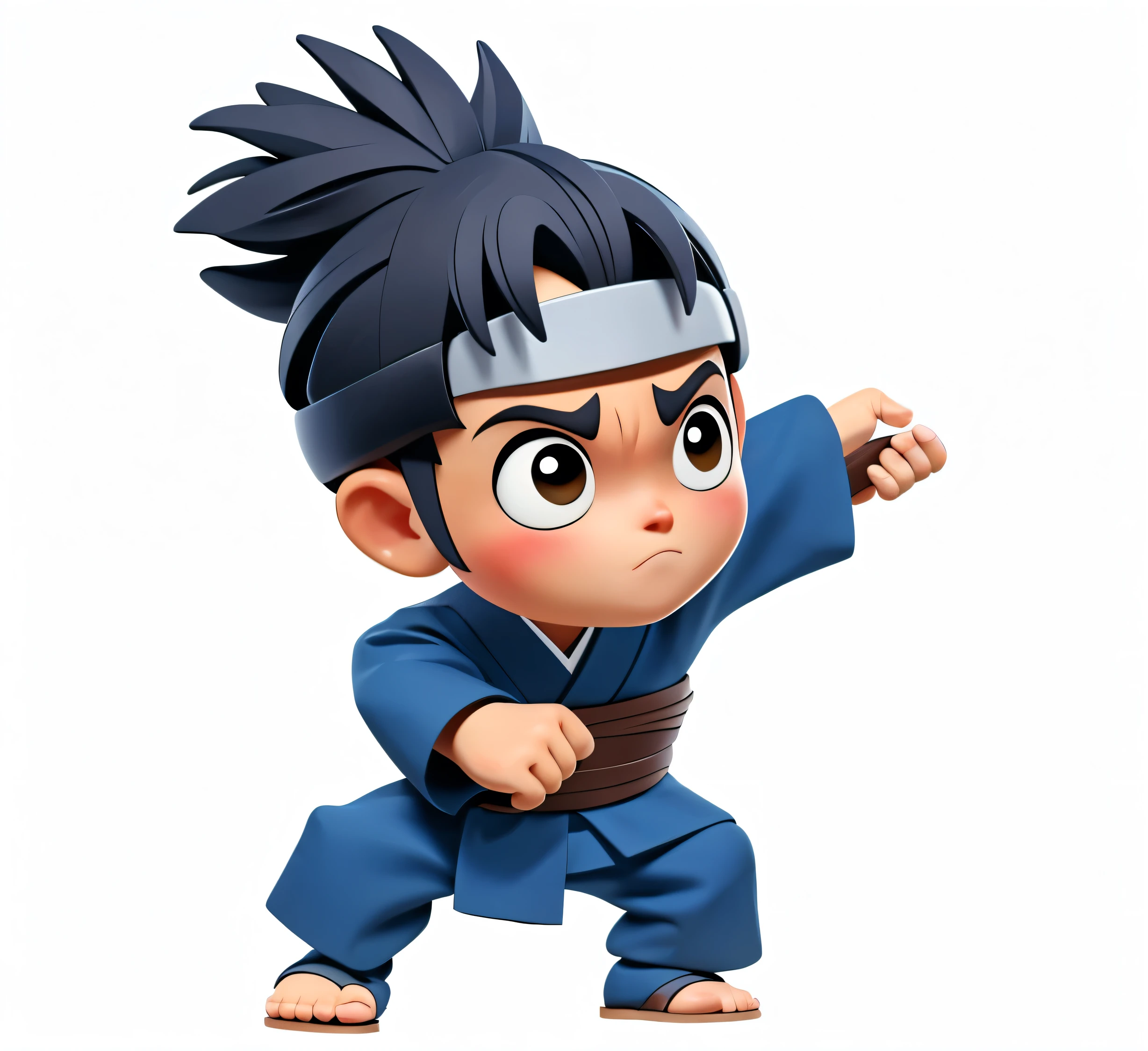 whole body、《Q version boy》、Holding a samurai sword、Cartoon boy holding a samurai sword, High-quality character design, Hands clenched into fists、The fingers must be delicate、The fingers are clearly defined、finger details、samurai costume、kimono、Clothing needs details、The shoes are clogs、Show your toes、Toe details、ninja、Half squat posture、Hero Action Poses、Super Detail、Fearless expression,Blind Box Toys、Pixar style、