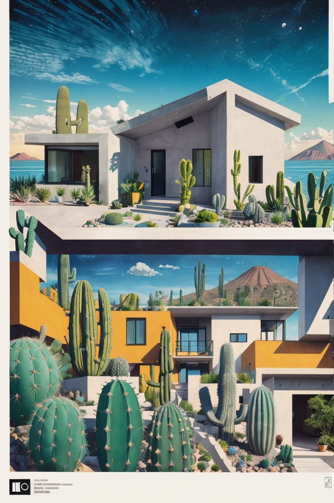 An illustration, collage style, David Hockney visual style, (((Luis Barragán's architectural style houses in middle of a lake))), big boulders, little cascade, mountains, volcanos, volcanic landscape, pool, stairs, beautiful gardens, abundant vegetation, cacti, agave, big clouds, sunset. Magazine cover, serif tipography, editorial design, masterpiece, An illustration in collage style, con rocas gigantes, Brutalist construction sections, escaleras, cactus, agave, textura de concreto, Multiple geometric shapes, hatch and cross hatching, planeta Saturno. ((masterpiece, best quality)),illustration,ultra detailed 8k. (((An illustration of a build designed by Luis Barragán))), with a desertic vegetation garden, (big rocks), ((cacti)), lake, volcano in horizon, smooth clouds, (((illustration collage format))), ((Escher's art style)), (((multiple sections))), (violet, blue, olive green, grey, black and white), hard shadows, (((geometric sculptures))), concrete sculptures, high contrast, dramatic, cinematographic, ((milky way galaxy)), intricate, intricate details, sharp focus,landscape