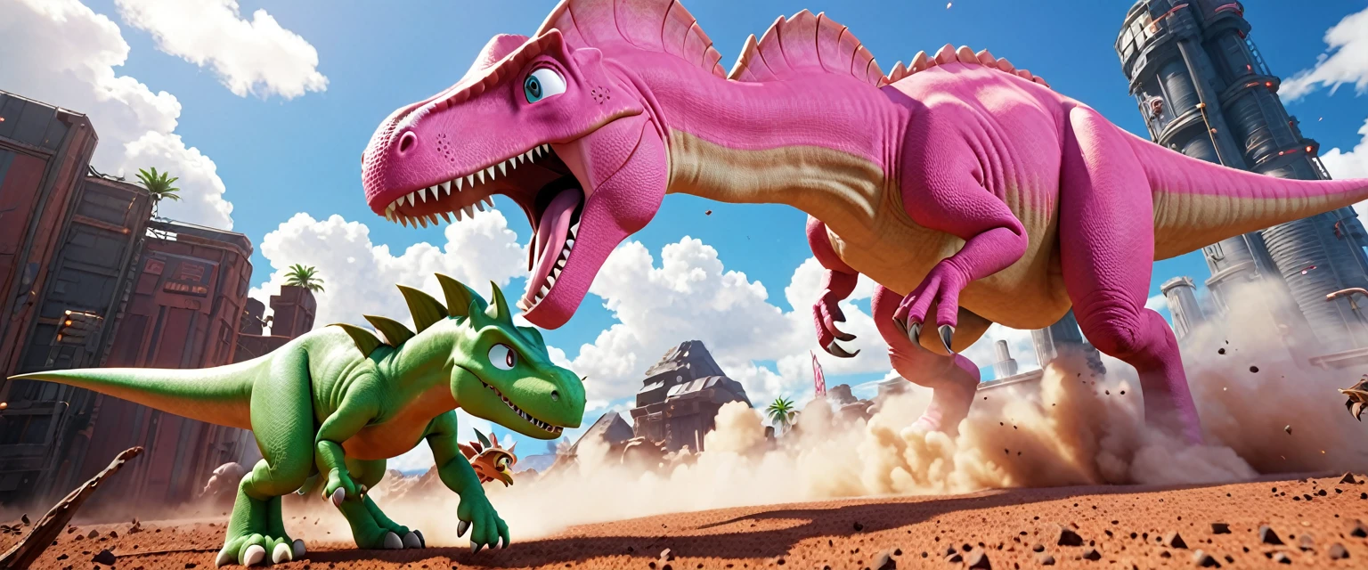 score_9, score_8_up, score_7_up, source_anime, detailed, 8k, cinematic angle, rating safe, wide shot, A pink dinosaur and a green dinosaur are fighting wild,cloud of dust,sonic boom,