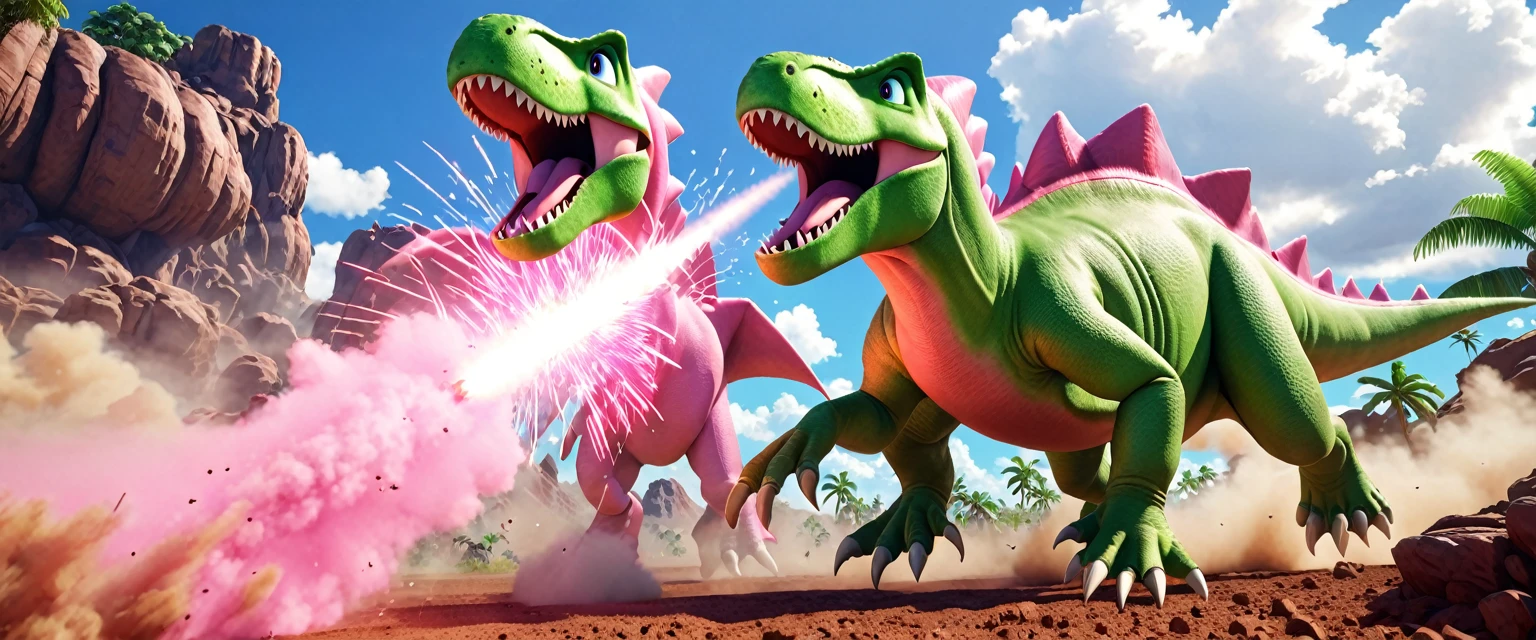 score_9, score_8_up, score_7_up, source_anime, detailed, 8k, cinematic angle, rating safe, wide shot, A pink dinosaur and a green dinosaur are fighting wild,cloud of dust,sonic boom,