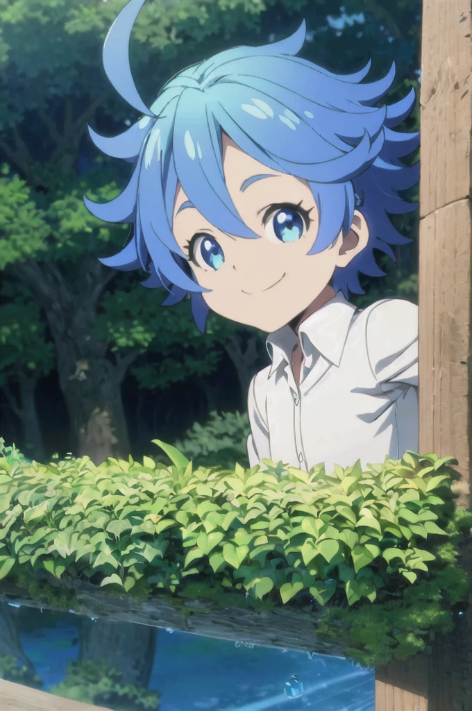 Lapislazuli, neverland, 1girl, solo, upper body, nature, forest, bush, tree, looking at viewer, smiling, short hair, shirt, long sleeves, blue eyes, white shirt, upper body, ahoge, outdoors, collared shirt, blue hair,  blue 💧💎🔷️🔹️